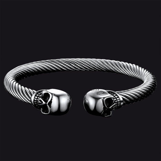 FaithHeart Stainless Steel Twin Skull Cuff Bracelet Twisted Cable Bangle for Men FaithHeartimg