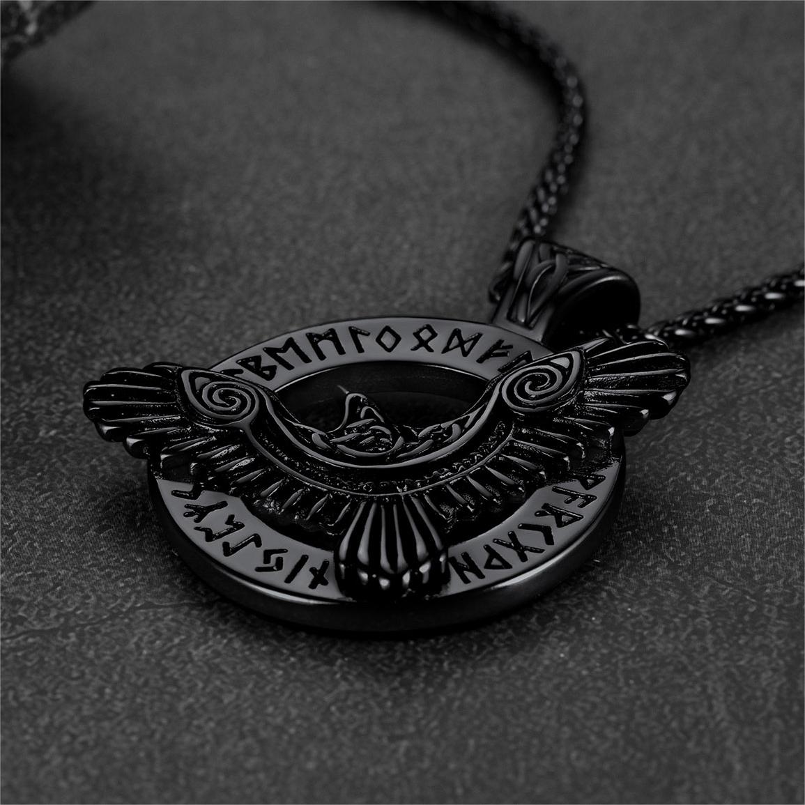 FaithHeart Viking Odin's Raven Necklace For Men With Runes FaithHeart