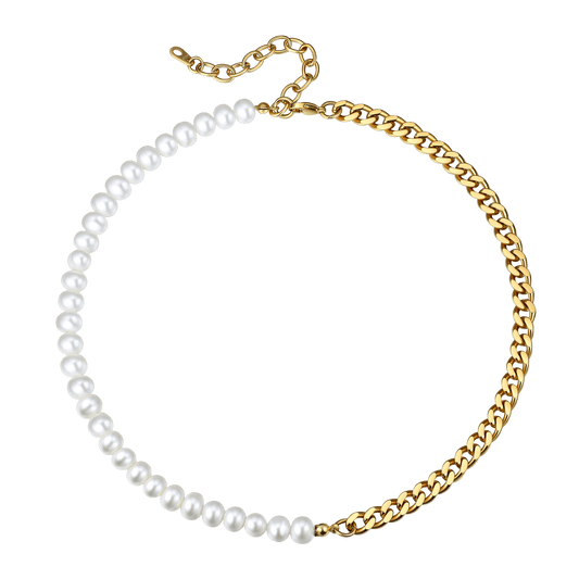 FaithHeart Half 8MM White Pearl and Half 8MM Cuban Link Choker Necklace FaithHeartimg