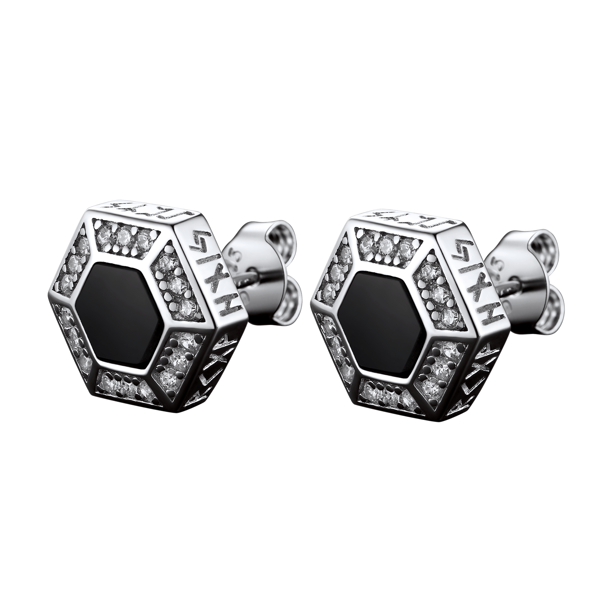 FaithHeart Viking Rune Hexagon Black Onyx Stud Earrings for Men FaithHeart
