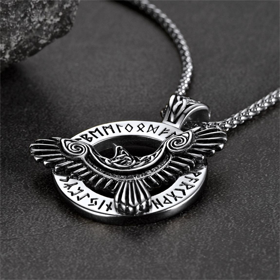 FaithHeart Viking Odin's Raven Necklace For Men With Runes FaithHeart