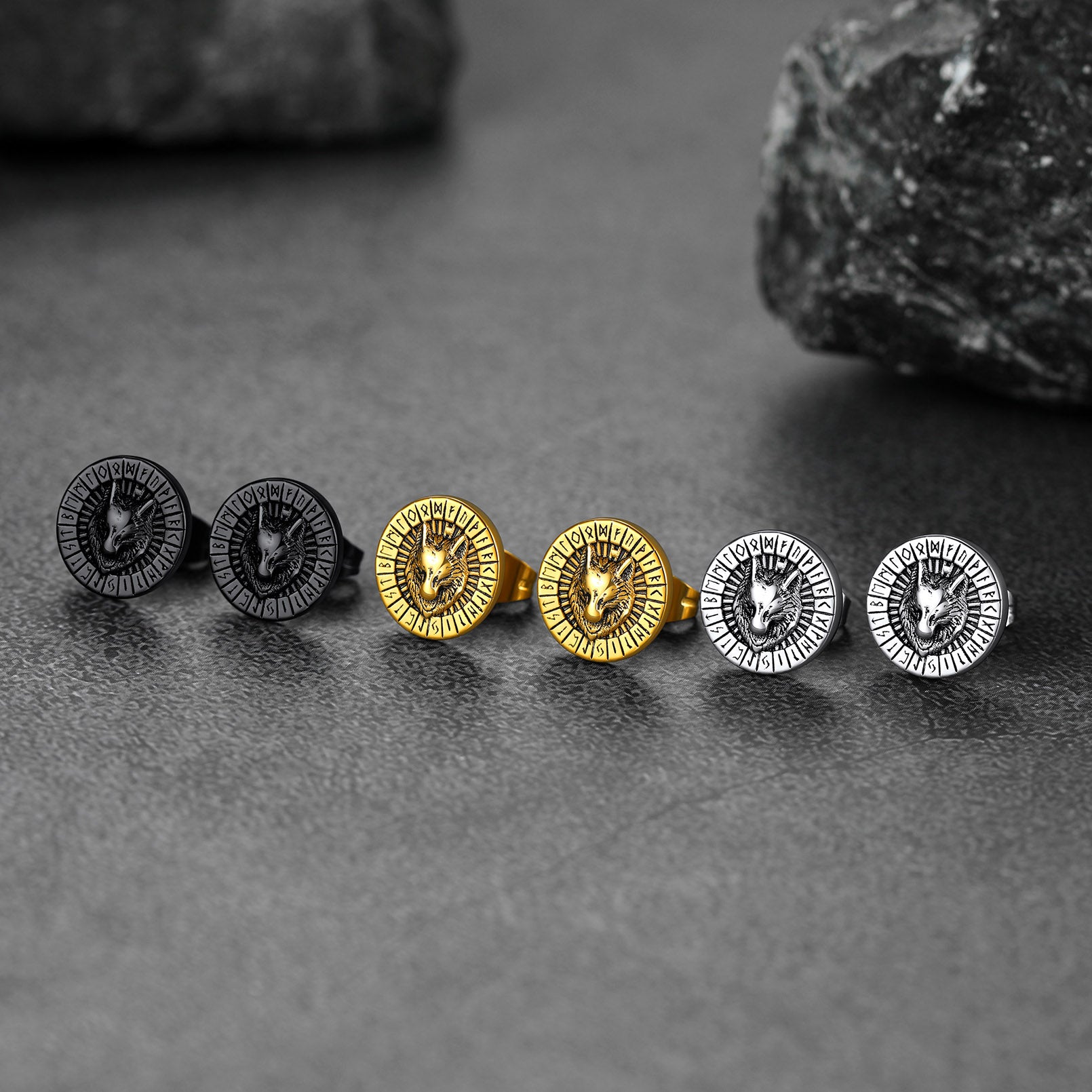 FaithHeart Viking Wolf Head Stud Earrings with Runes For Men FaithHeart