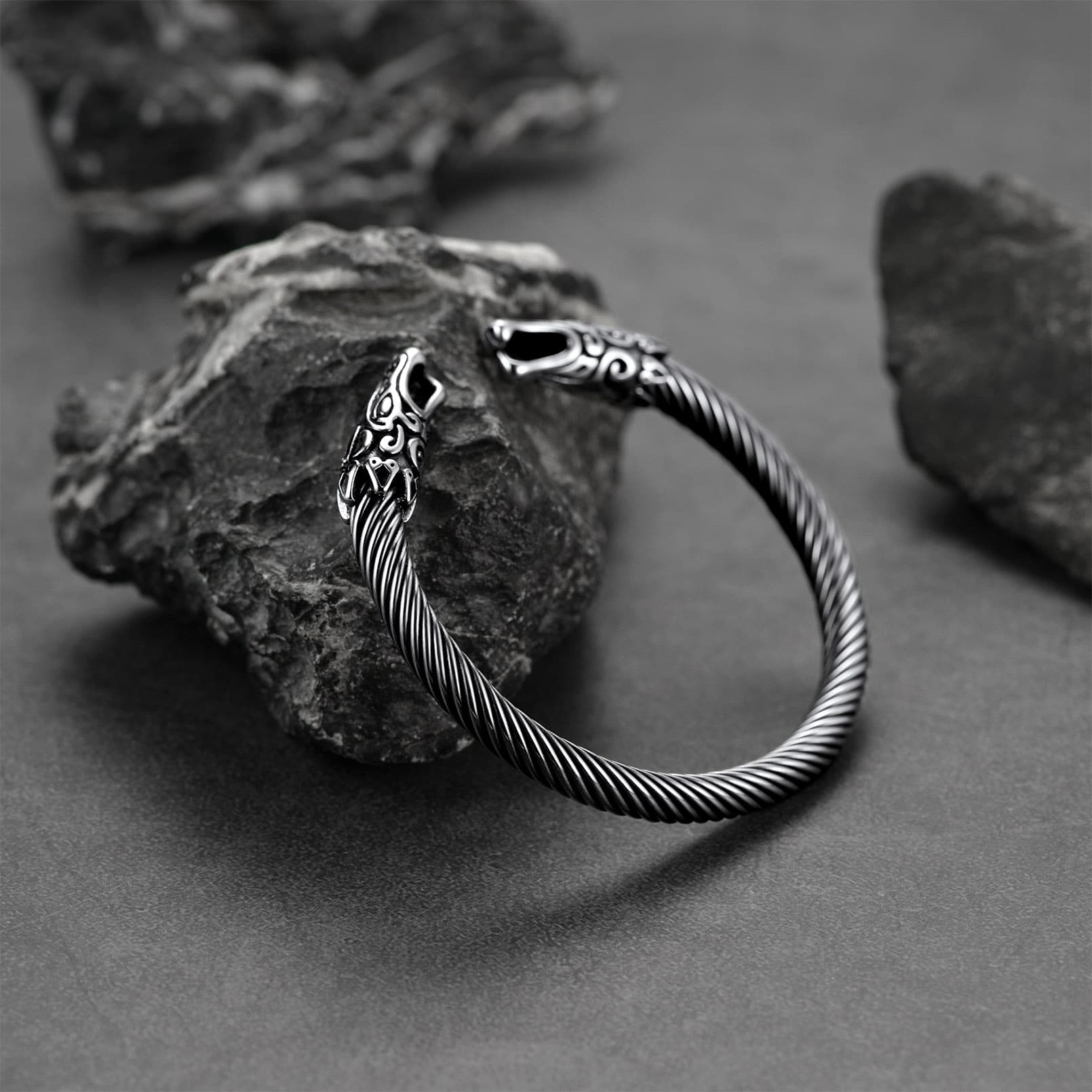 FaithHeart Viking Norse Wolf Heads Bangle Bracelet For Men FaithHeart