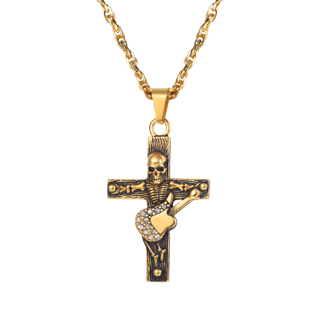 FaithHeart Punk Skull Guitar Cross Necklace for Men FaithHeart