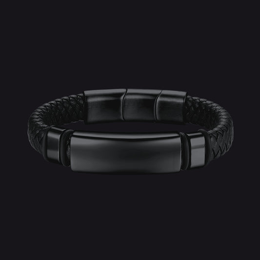 FaithHeart Custom ID Tag Braided Black Leather Bracelet Cuff For Men FaithHeartimg