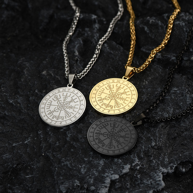 FaithHeart Norse Viking Compass Coin Necklace For Men With Runes FaithHeart