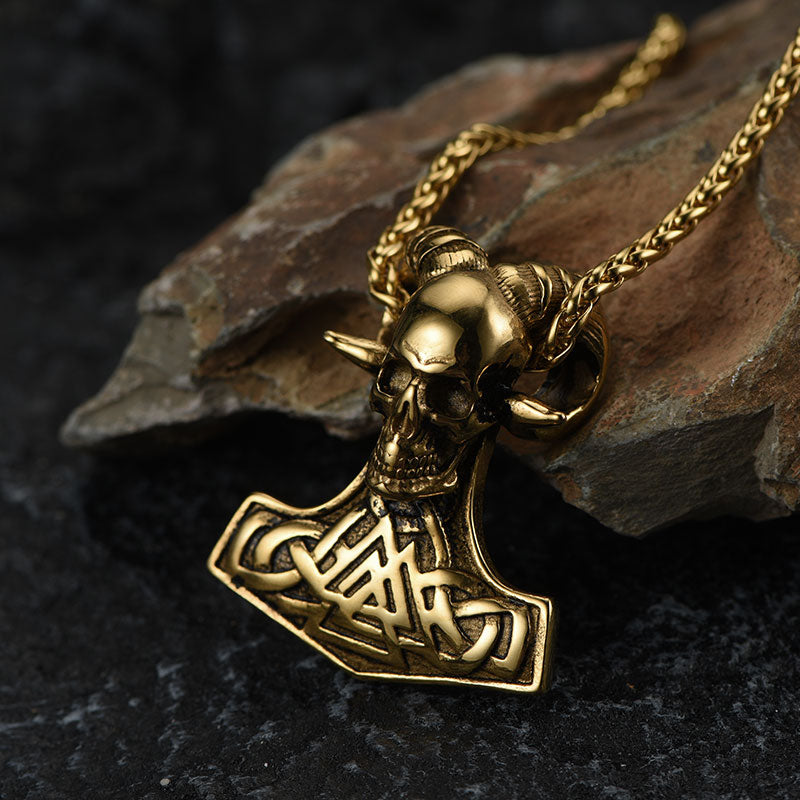 FaithHeart Viking Thor's Hammer Skull Necklace Pendant for Men FaithHeart