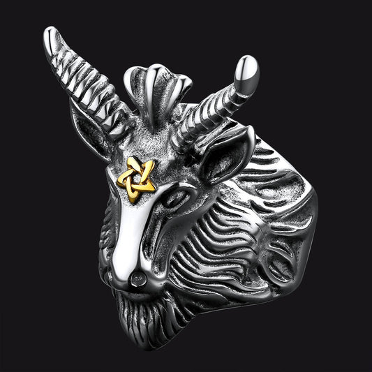 FaithHeart Satanic Baphomet Goat Ring For Men With Pentagram FaithHeartimg
