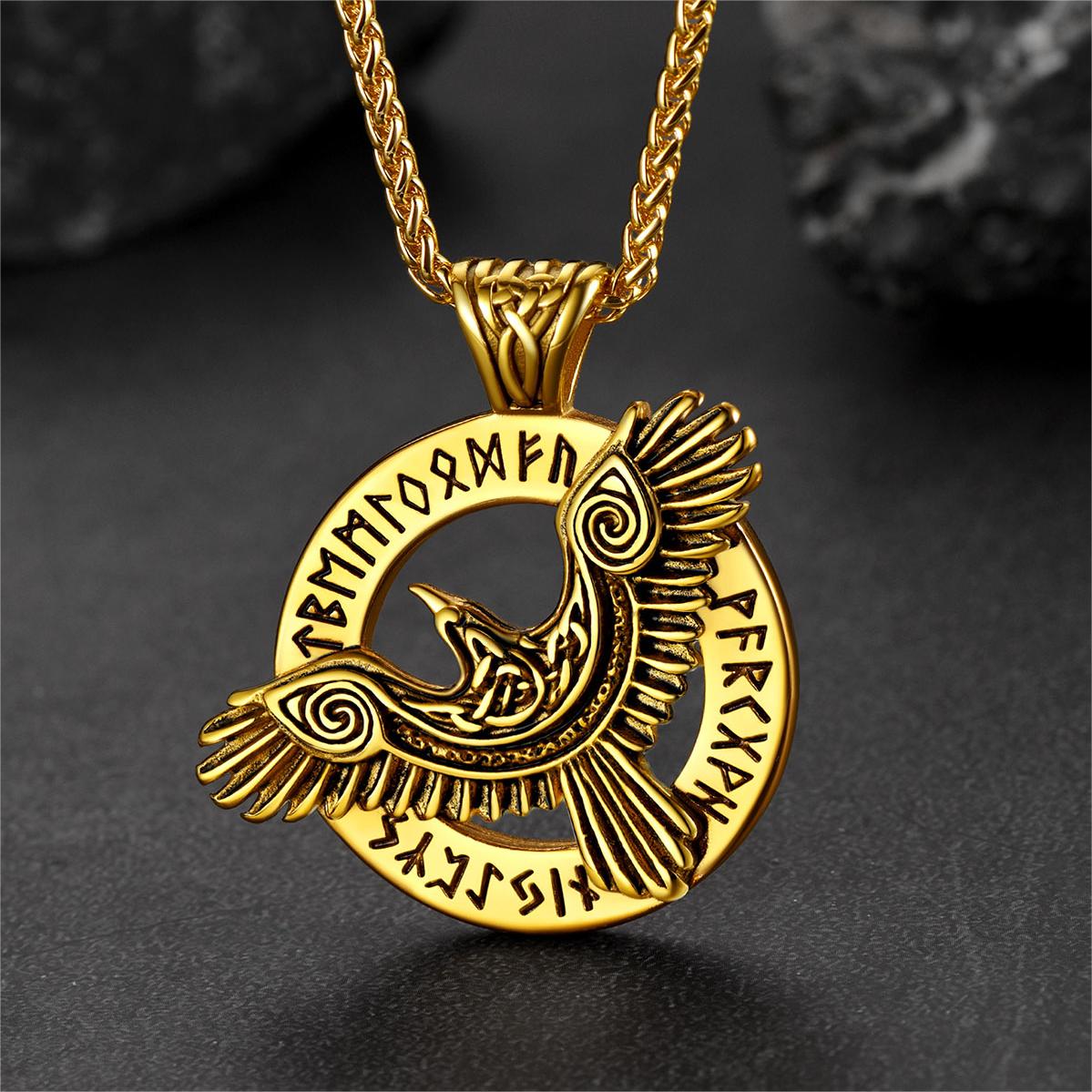 FaithHeart Viking Odin's Raven Necklace For Men With Runes FaithHeart