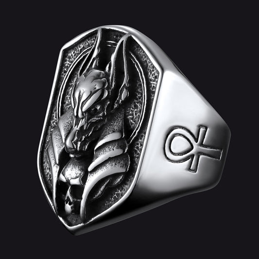 FaithHeart Ancient Egyptian Anubis Signet Ring With Ankh Cross for Men FaithHeartimg