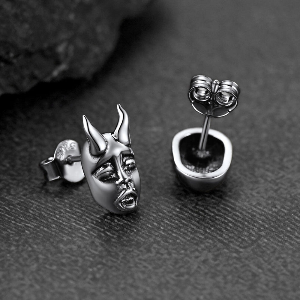 FaithHeart Sterling Silver Hannya Mask Stud Earrings For Men FaithHeart
