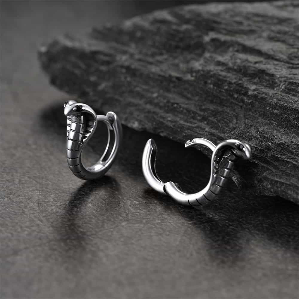 FaithHeart Sterling Silver Cobra Snake Huggie Hoop Earrings For Men FaithHeart