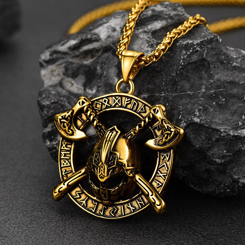 FaithHeart Viking Axe Helmet Pendant Necklace For Men With Runes FaithHeart