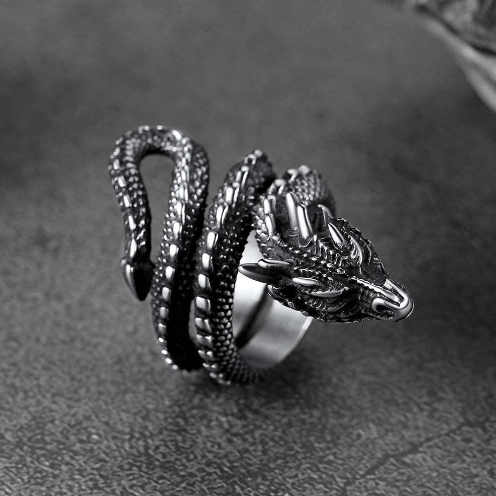 FaithHeart Punk Coiled Dragon Ring For Men Stainless Steel FaithHeart