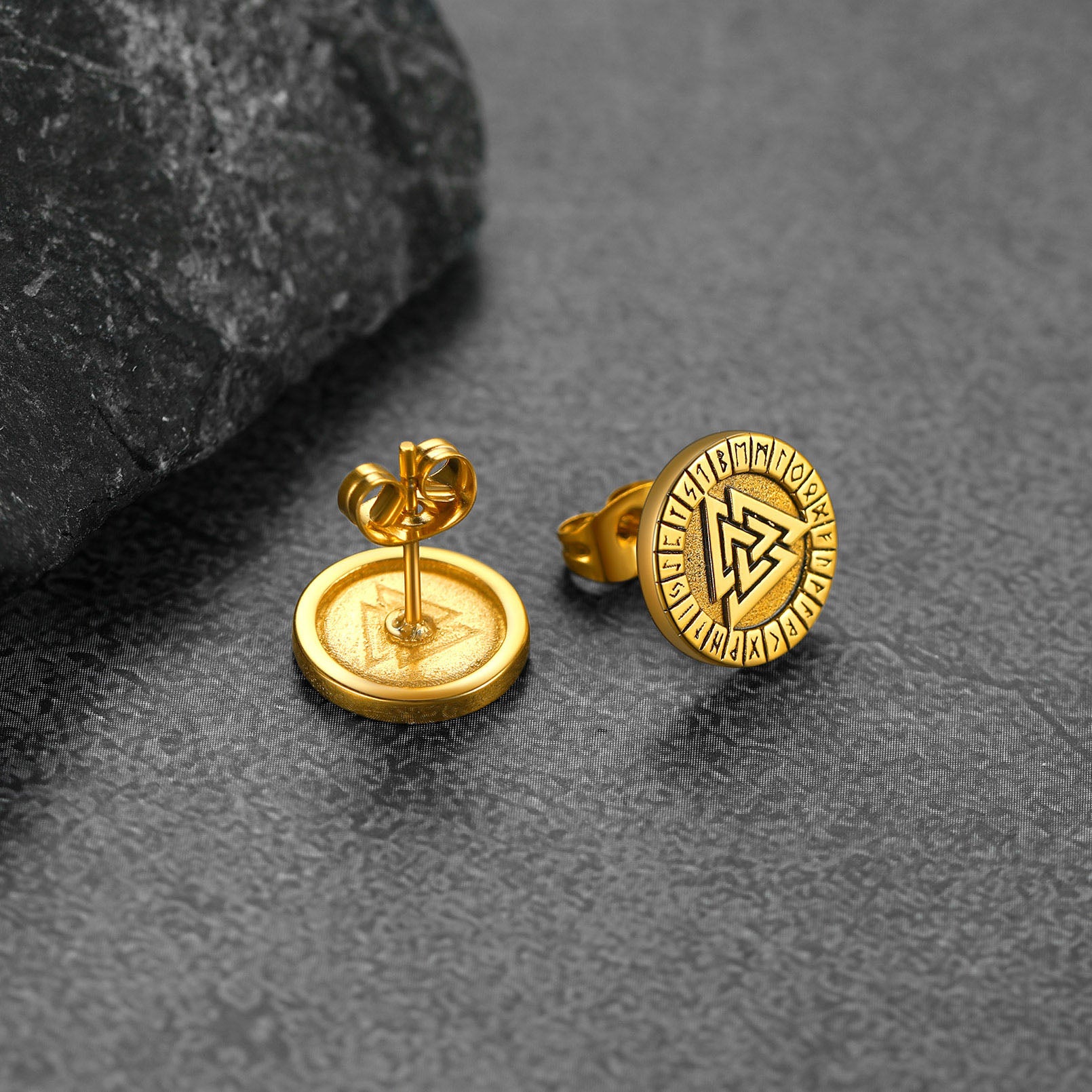 FaithHeart Viking Valknut Black Stud Earrings For Men With Runes FaithHeart