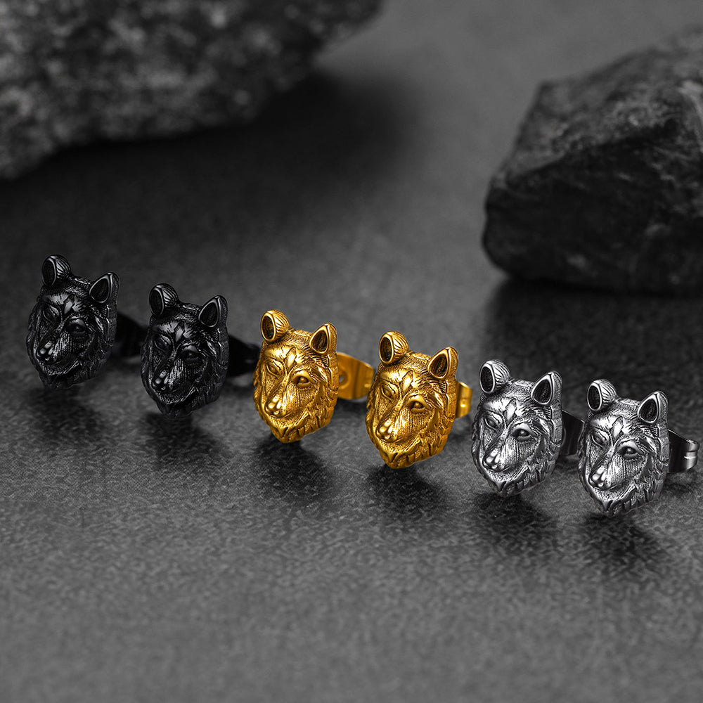 FaithHeart Norse Viking Wolf Stud Earrings For Men FaithHeart