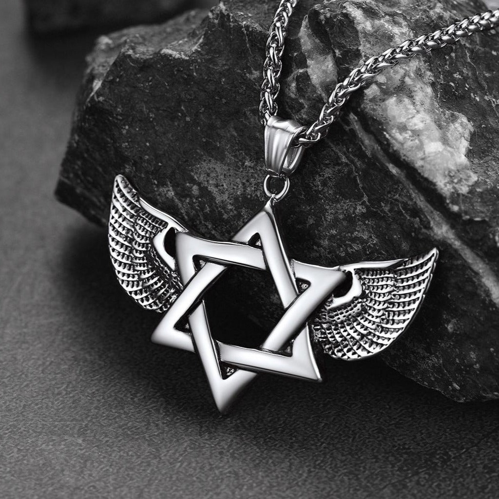 FaithHeart Vintage Jewish Star of David Necklace With Wing For Men FaithHeart