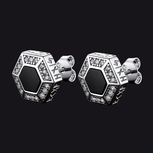 FaithHeart Viking Rune Hexagon Black Onyx Stud Earrings for Men FaithHeartimg