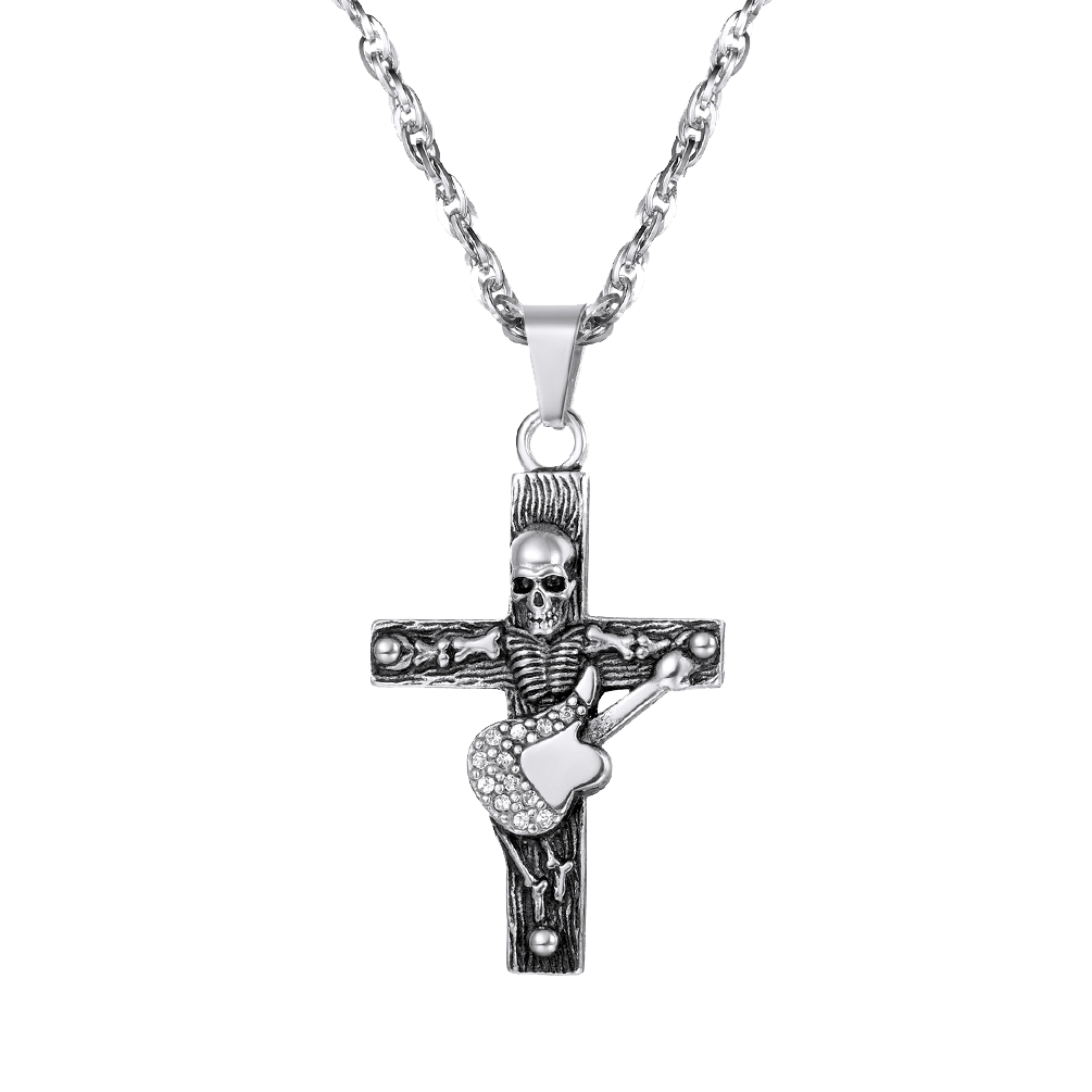 FaithHeart Punk Skull Guitar Cross Necklace for Men FaithHeart