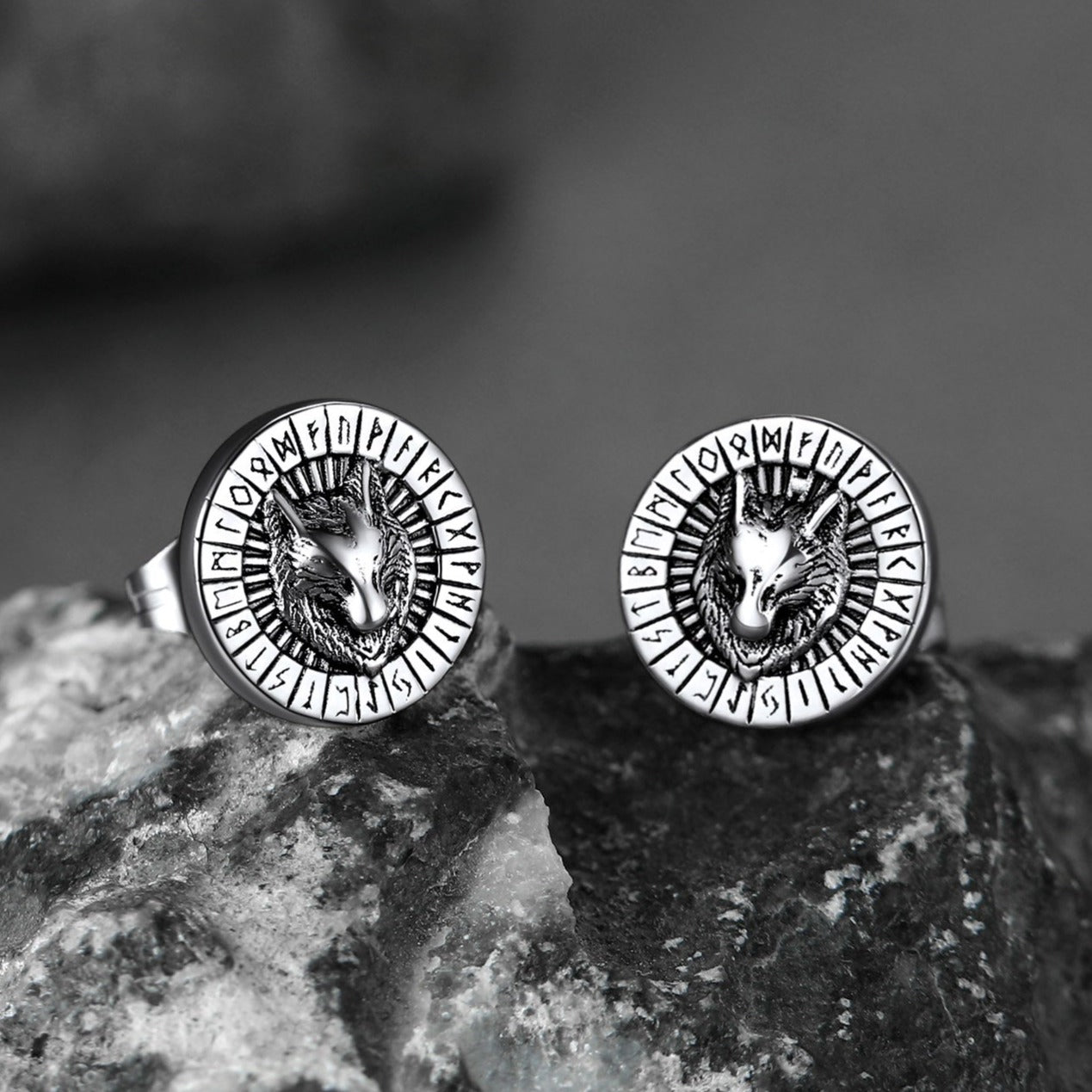 FaithHeart Viking Wolf Head Stud Earrings with Runes For Men FaithHeart
