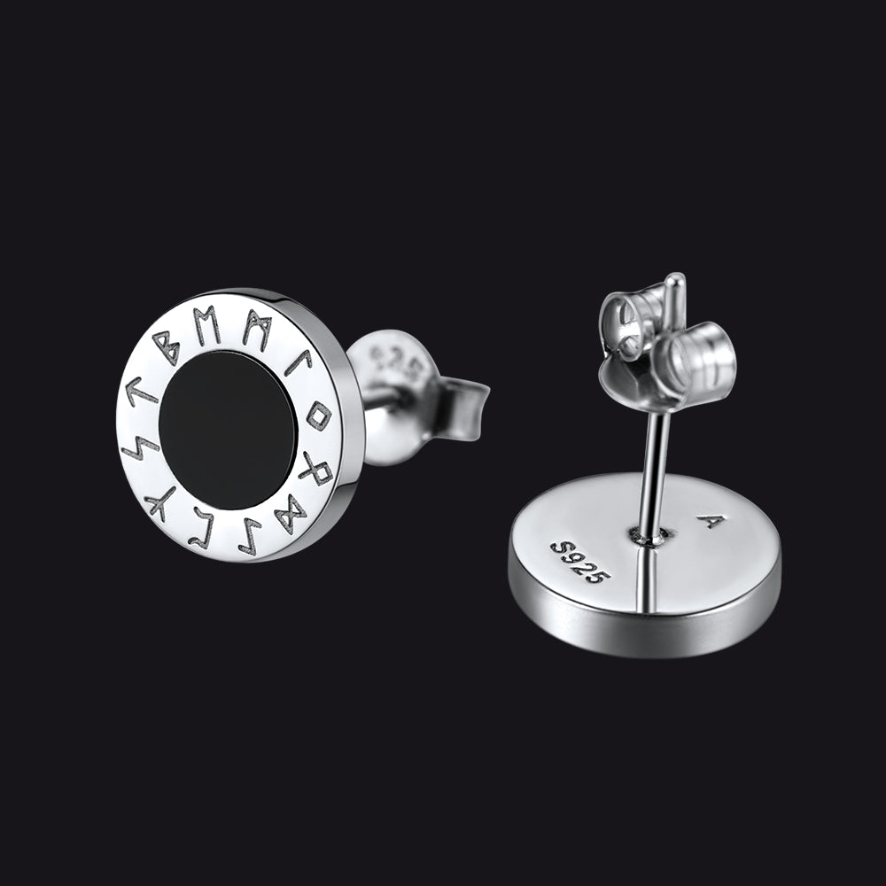 FaithHeart Black Onyx Stud Earrings With Viking Runes in Sterling Silver FaithHeart