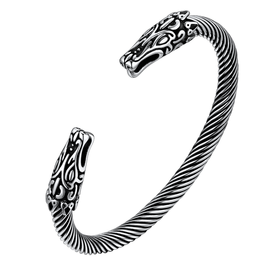 FaithHeart Viking Norse Wolf Heads Bangle Bracelet For Men FaithHeart