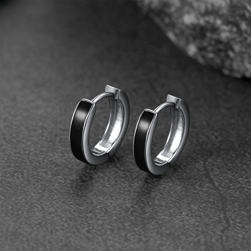 FaithHeart Sterling Silver Black Huggie Hoop Earrings For Men FaithHeart