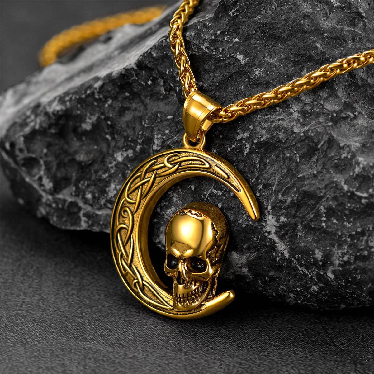 FaithHeart Celtic Crescent Moon Skull Necklace For Men FaithHeart