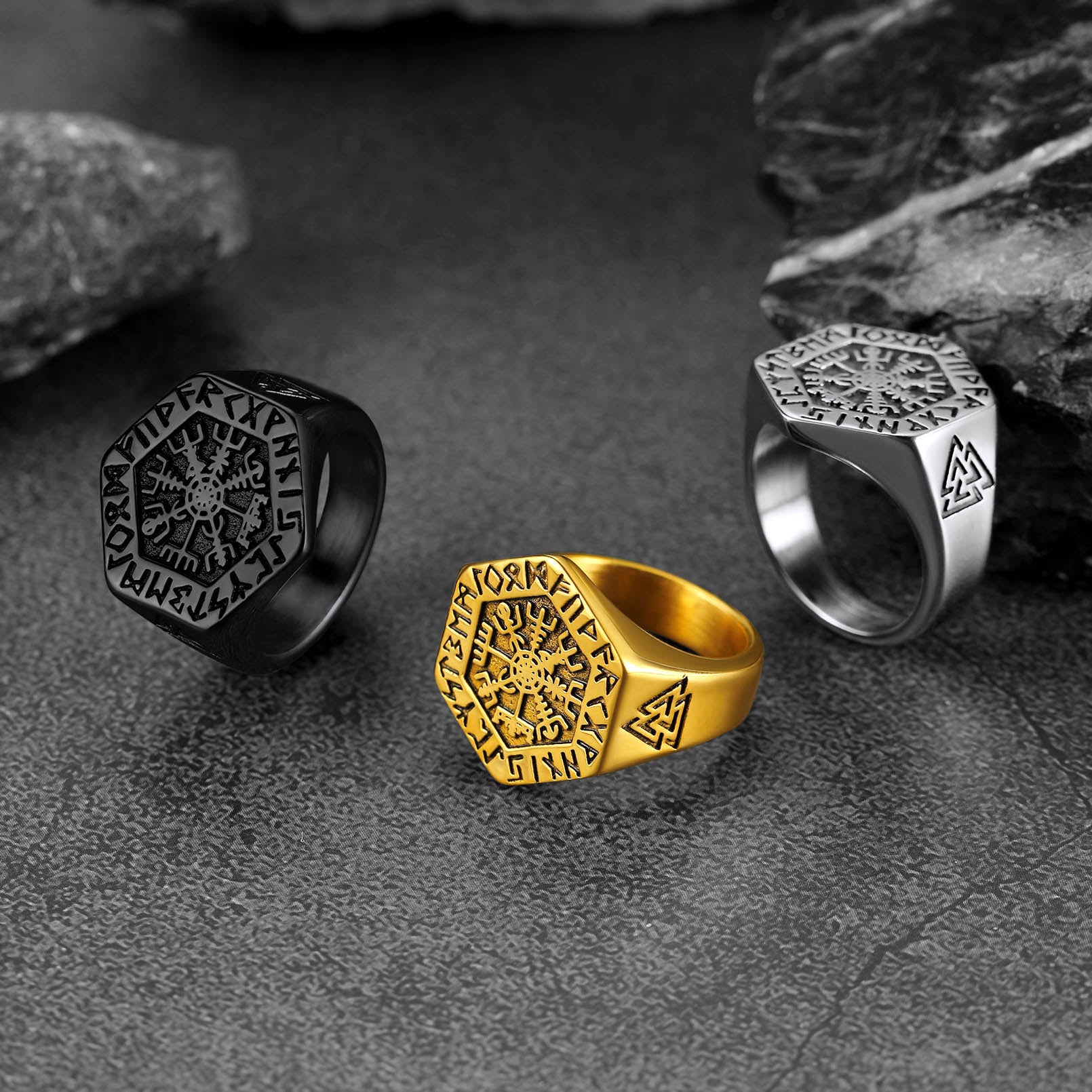 FaithHeart Viking Hexagon Compass Ring With Runes For Men FaithHeart