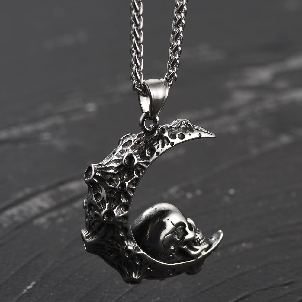 FaithHeart Crescent Moon Skull Necklace Stainless Steel Pendant for Men FaithHeart