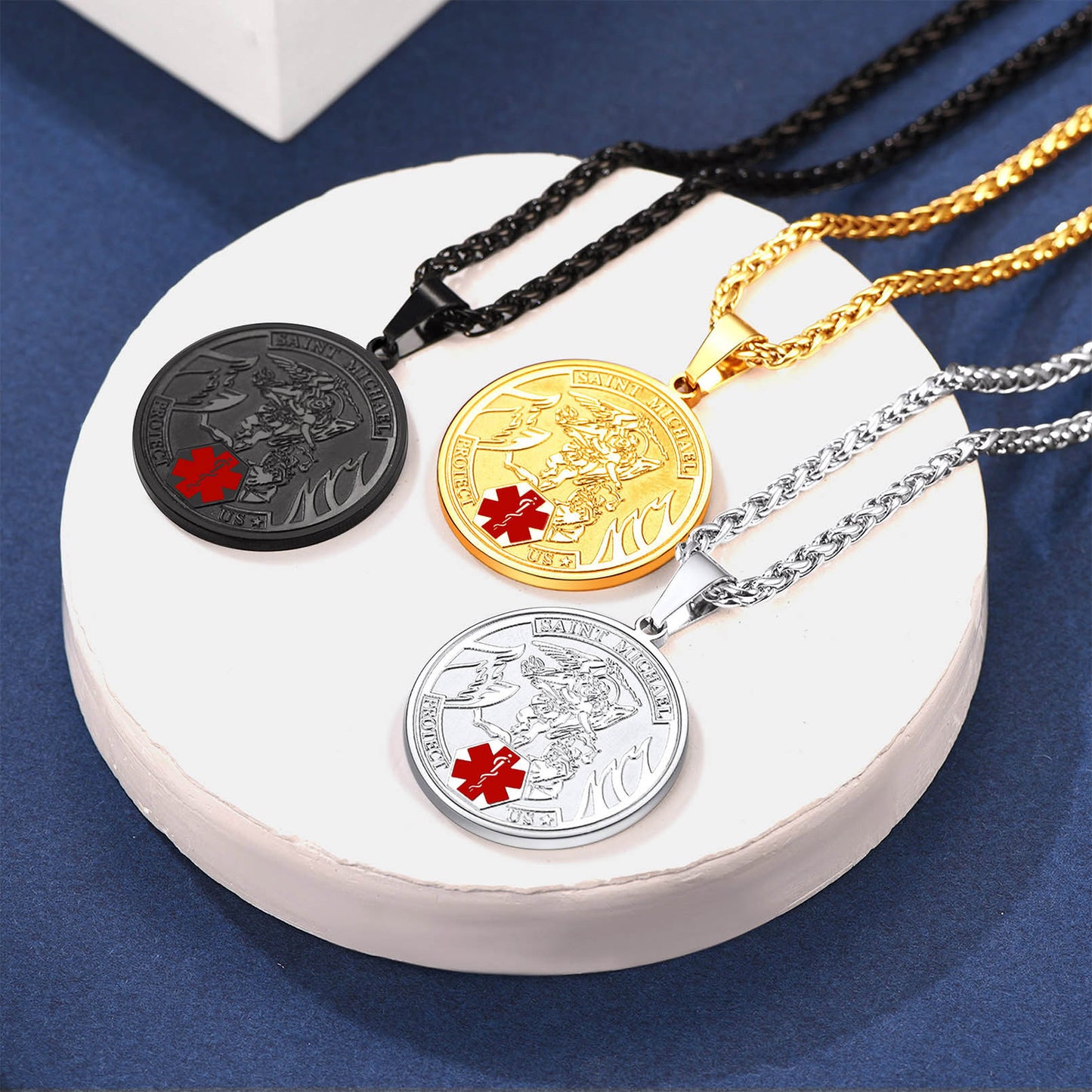 FaithHeart Custom Saint Michael Medical Alert ID Pendant Necklace Military FaithHeart