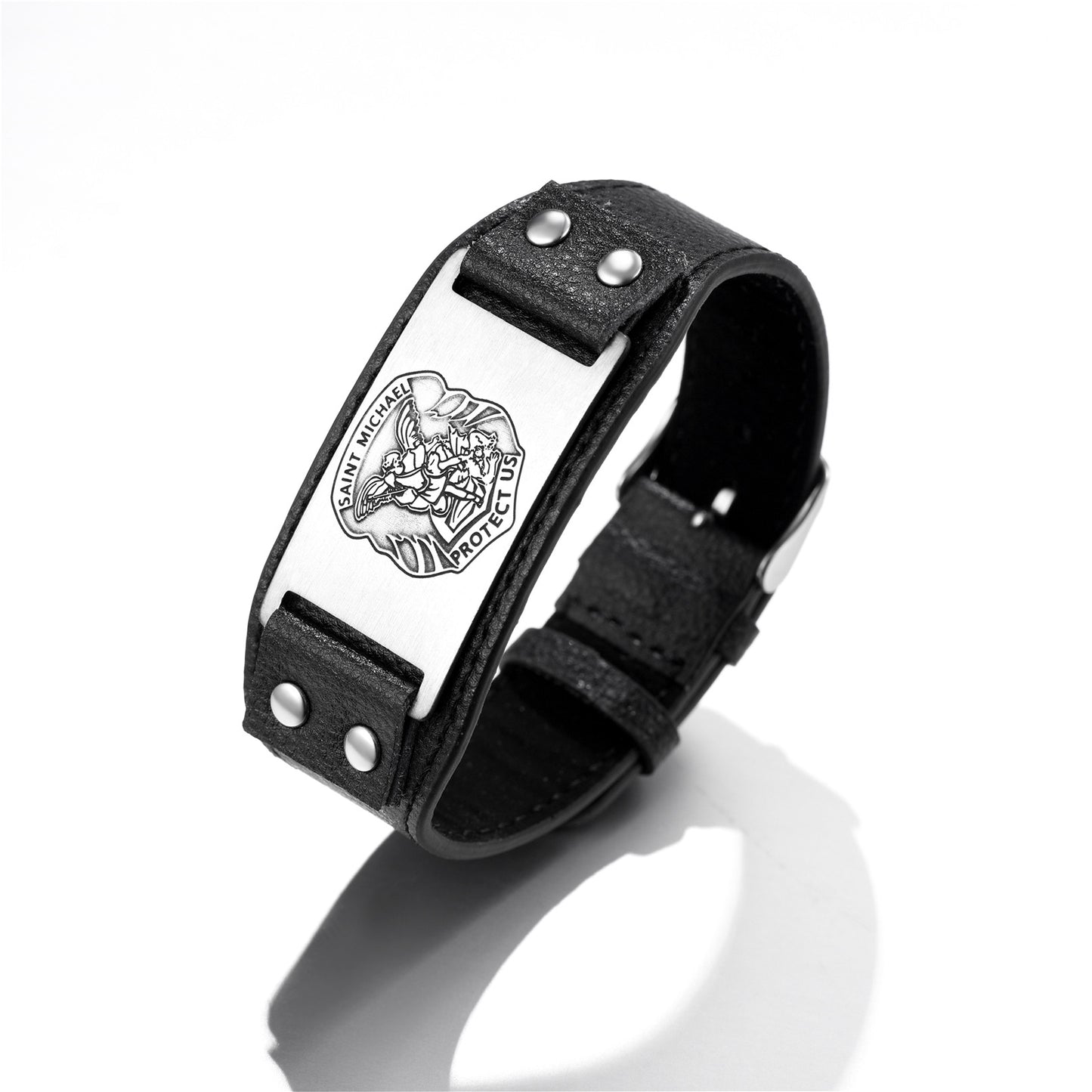 FaithHeart Saint Michael Cuff Bracelet Leather Wristband For Men FaithHeart