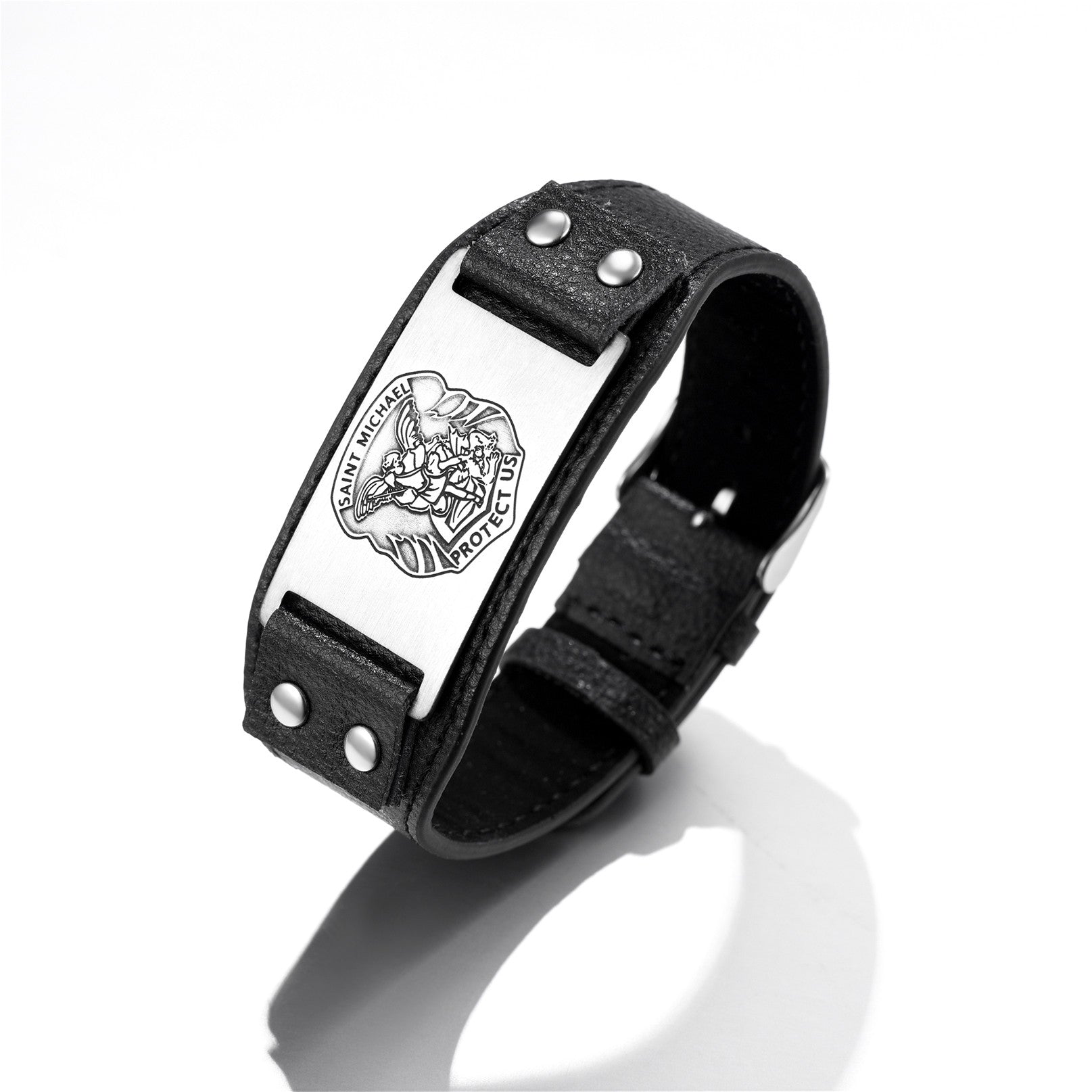 FaithHeart Saint Michael Cuff Bracelet Leather Wristband For Men FaithHeart