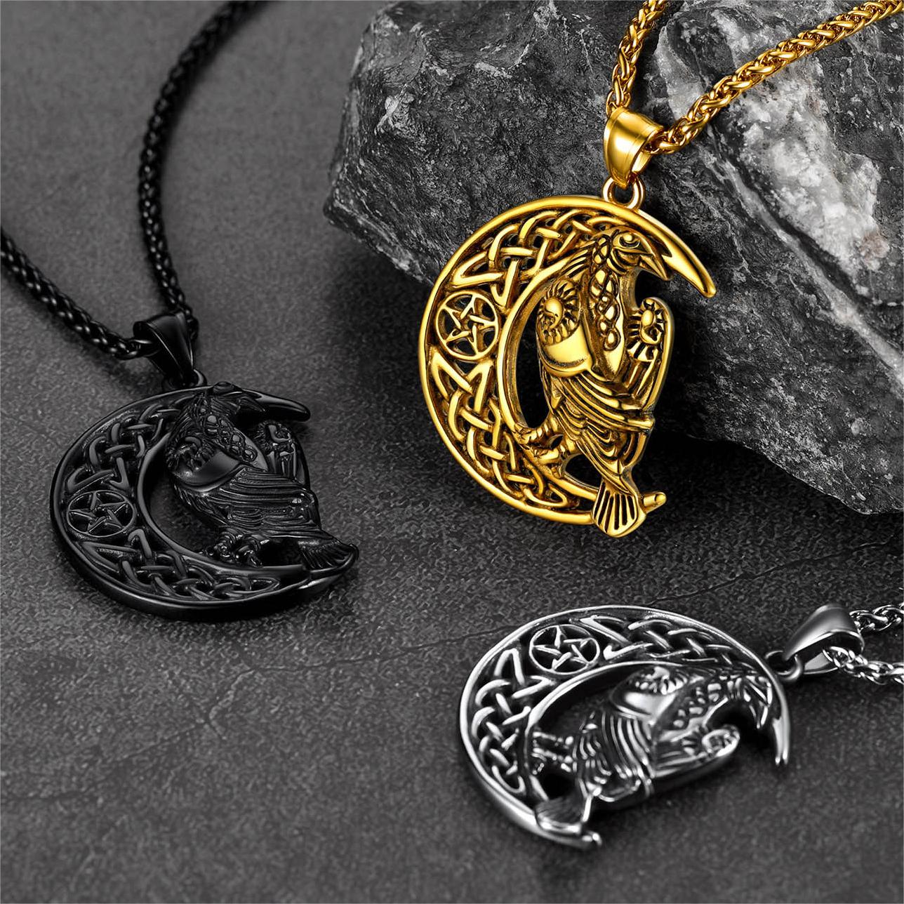 FaithHeart Viking Celtic Crescent Moon Necklace With Odin Raven FaithHeart