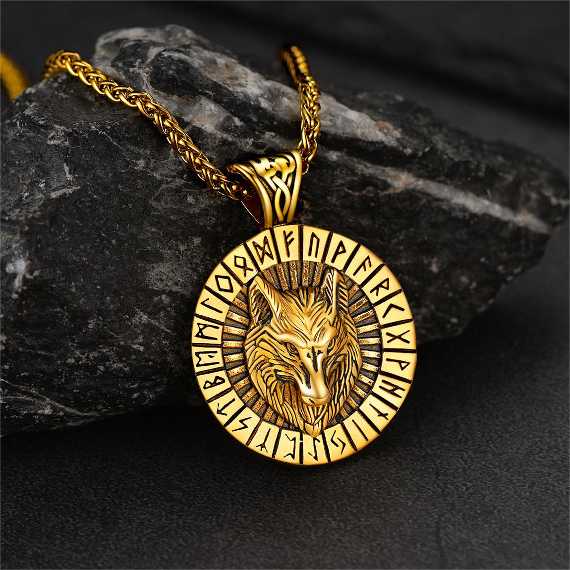 FaithHeart Viking Wolf Amulet Necklace With Runes For Men FaithHeart