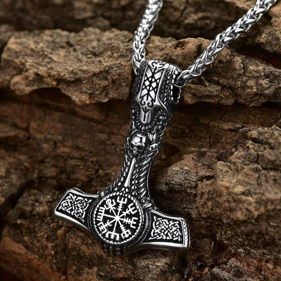 FaithHeart Viking Thors Hammer Necklace With Compass For Men FaithHeart