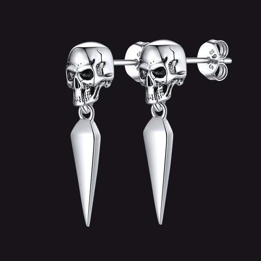 FaithHeart Sterling Silver Gothic Skull Dangle Drop Earrings For Men FaithHeart