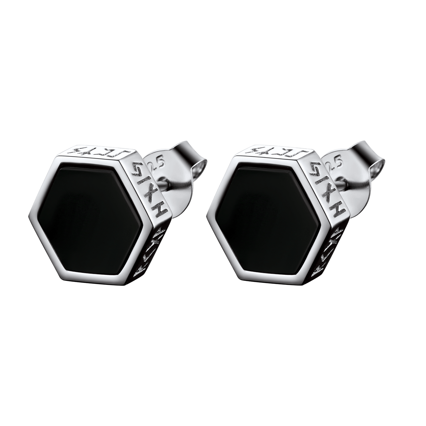 FaithHeart Hexagon Viking Rune Black Onyx Stud Earrings for Men FaithHeart