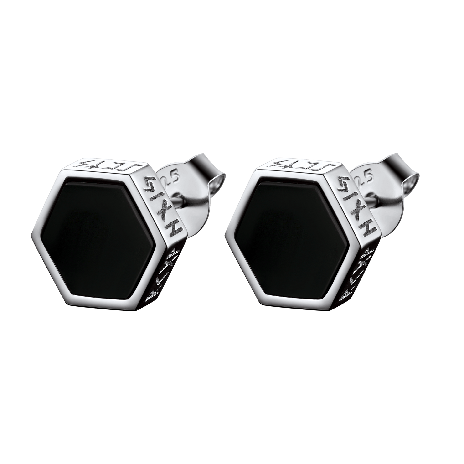 FaithHeart Hexagon Viking Rune Black Onyx Stud Earrings for Men FaithHeart