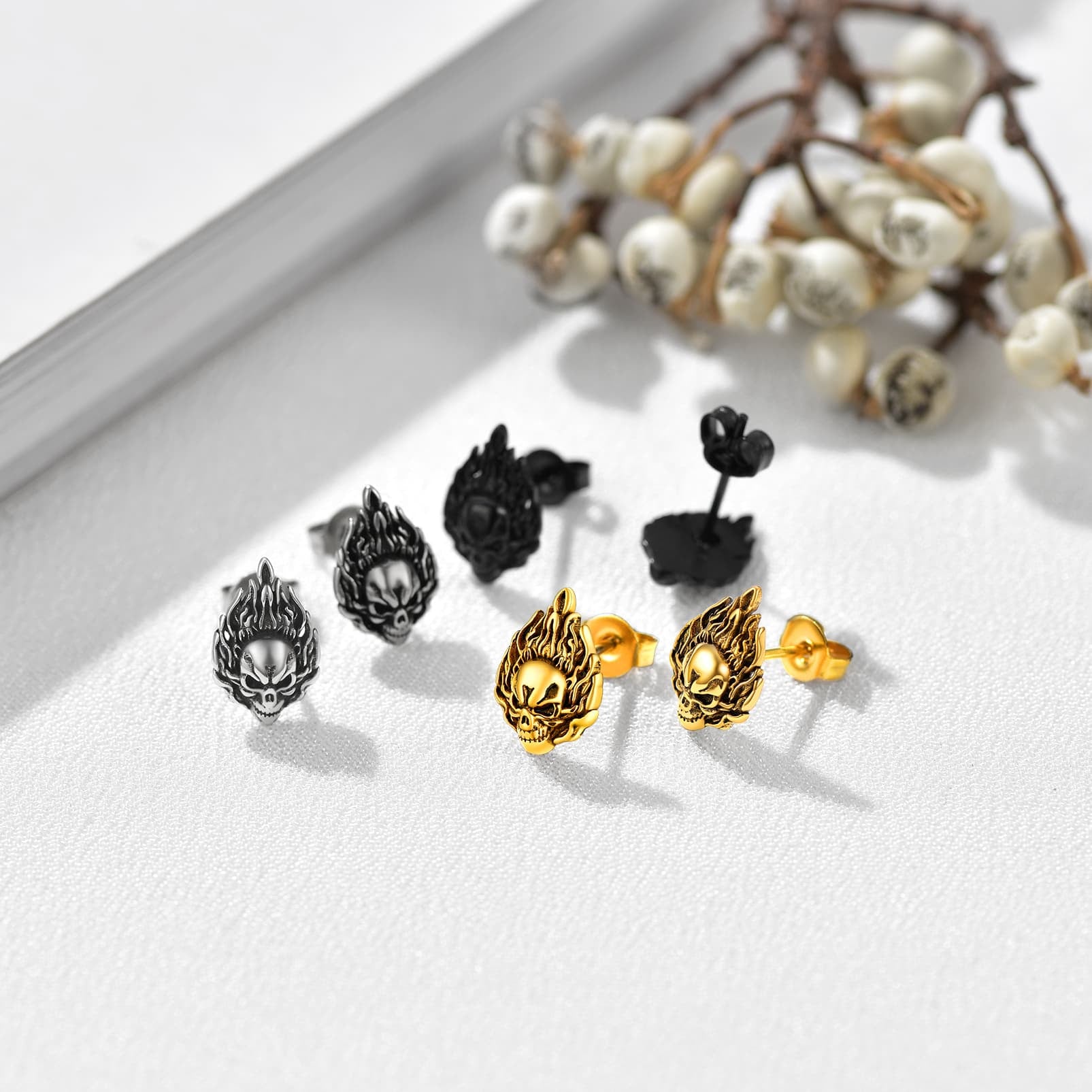 FaithHeart Flame Skull Stud Earrings For Men FaithHeart