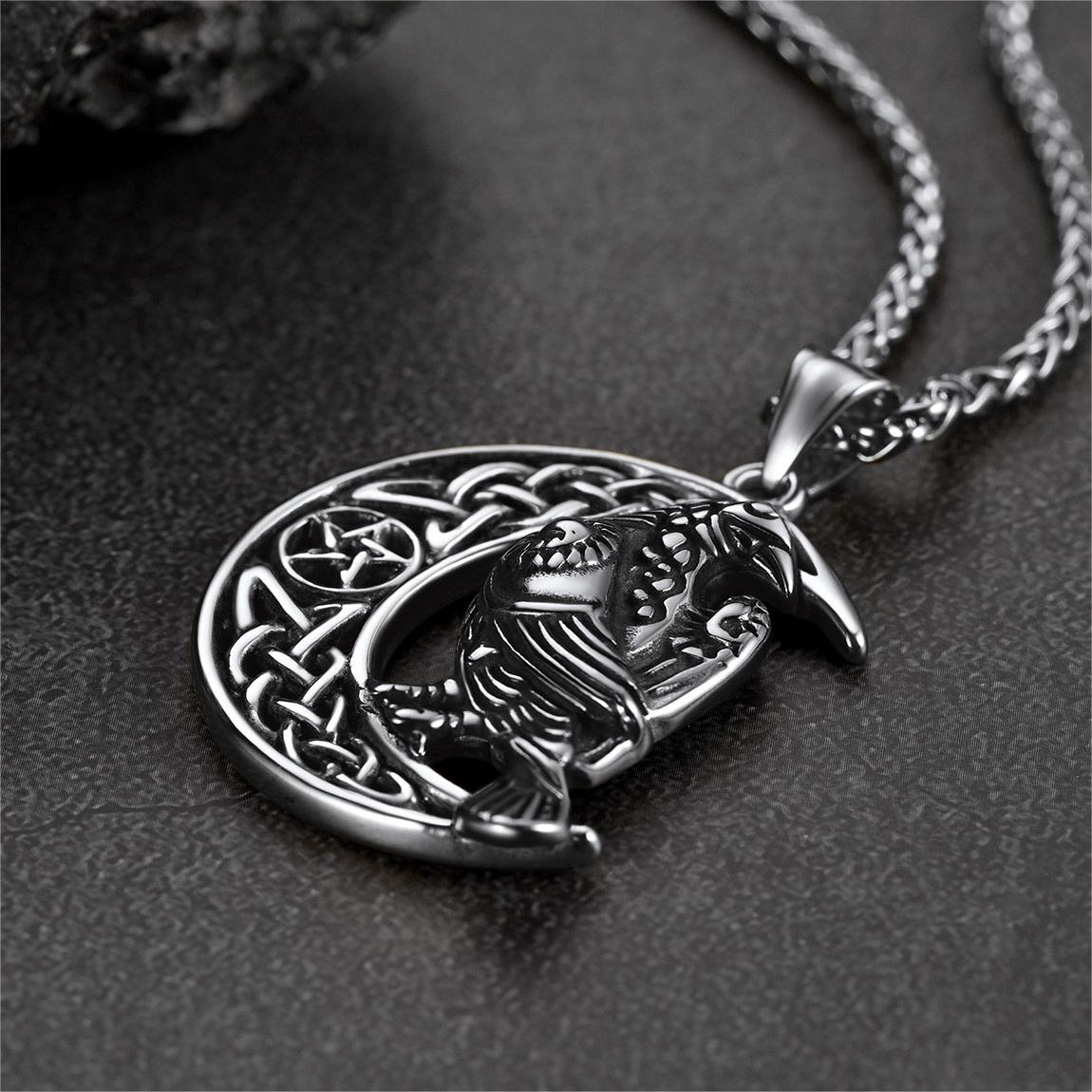 FaithHeart Viking Celtic Crescent Moon Necklace With Odin Raven FaithHeart
