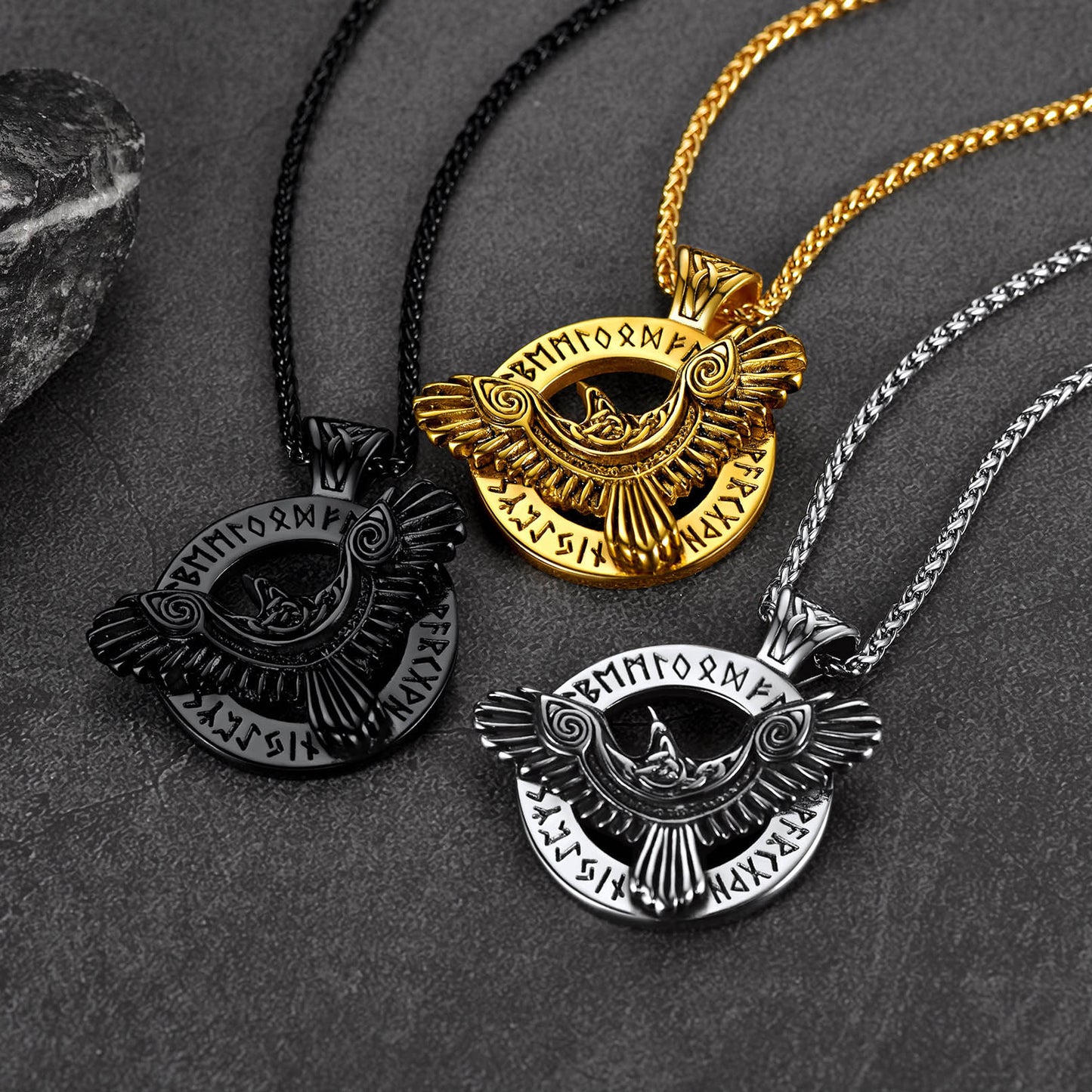 FaithHeart Viking Odin's Raven Necklace For Men With Runes FaithHeart