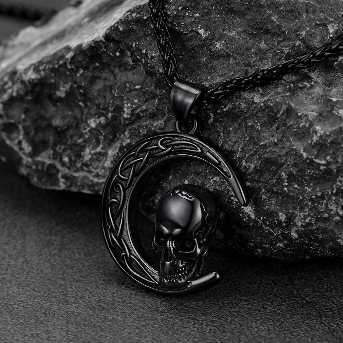 FaithHeart Celtic Crescent Moon Skull Necklace For Men FaithHeart