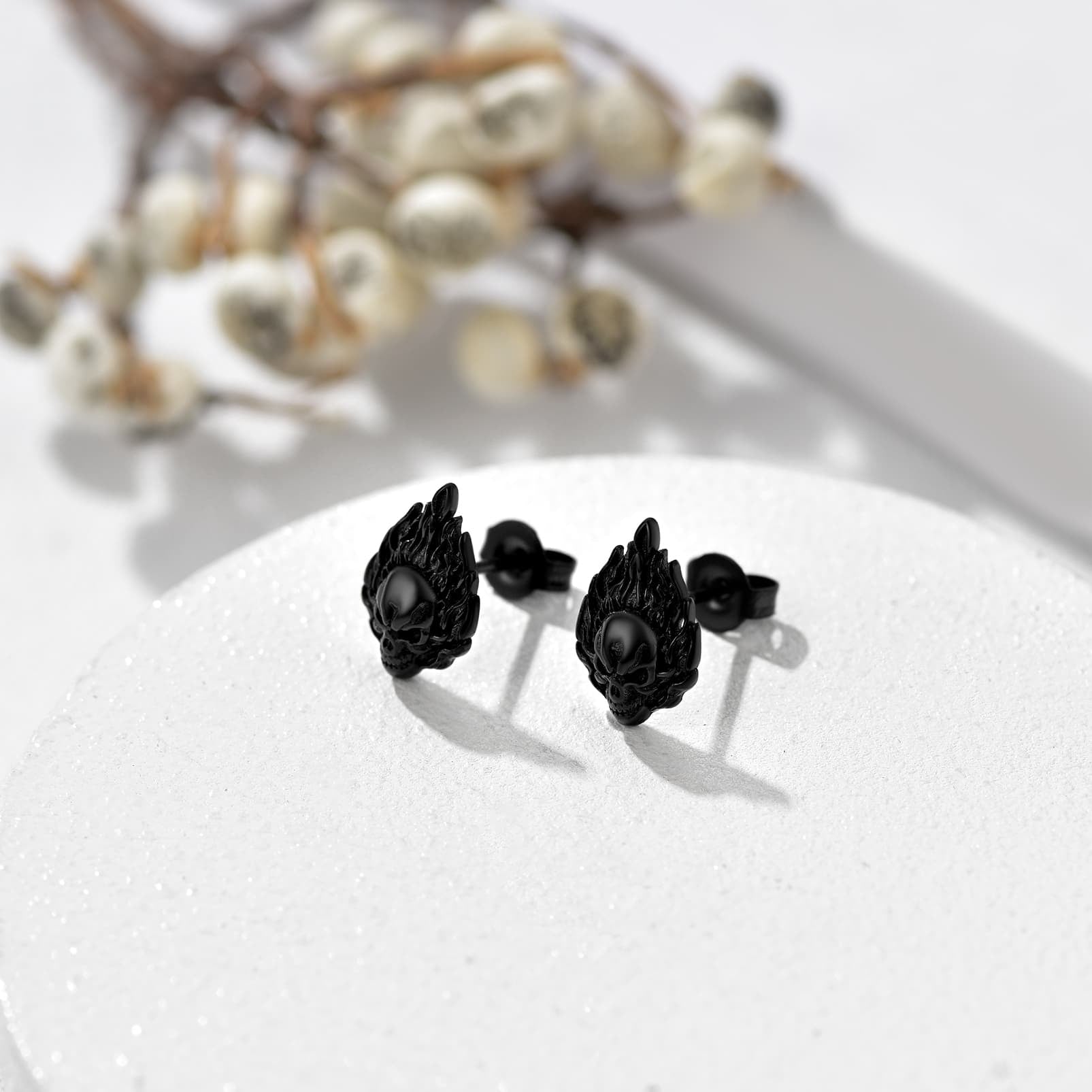 FaithHeart Flame Skull Stud Earrings For Men FaithHeart