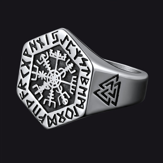 FaithHeart Viking Hexagon Compass Ring With Runes For Men FaithHeartimg