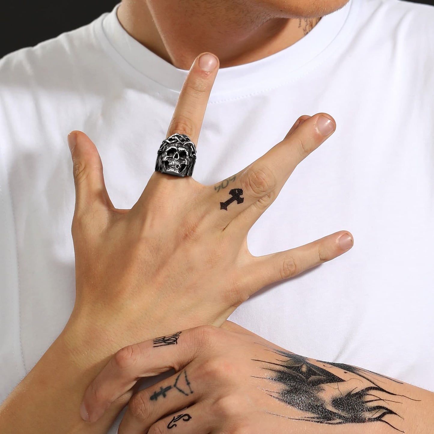 FaithHeart Crown of Thorns Skull Ring For Men Stainless Steel FaithHeart