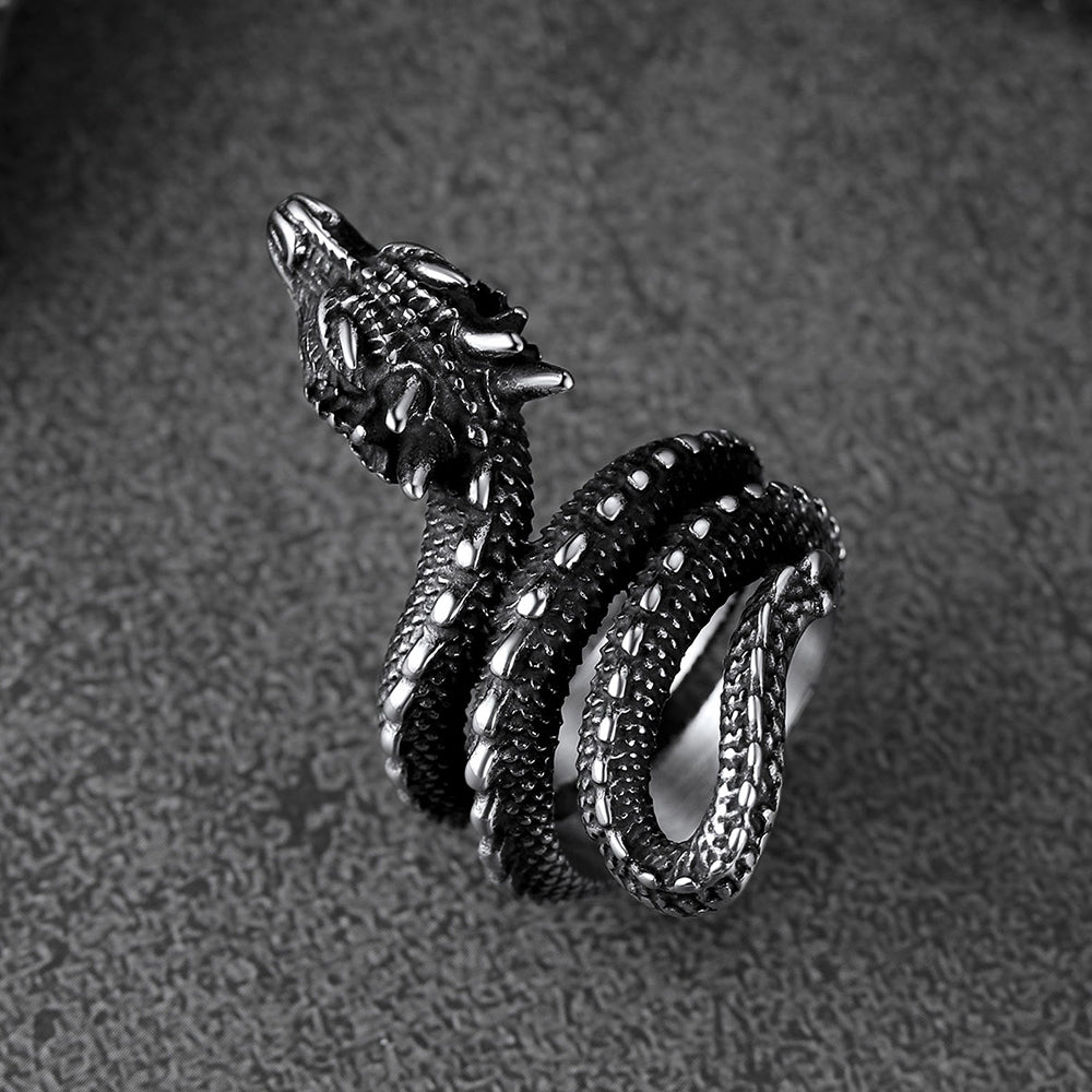 FaithHeart Punk Coiled Dragon Ring For Men Stainless Steel FaithHeart