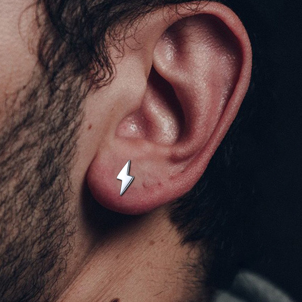 FaithHeart Sterling Silver Lightning Bolt Stud Earrings For Men FaithHeart