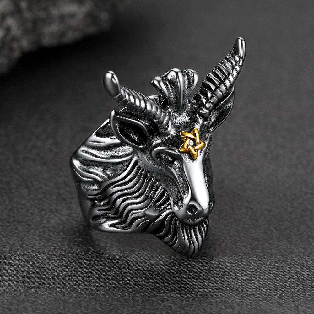 FaithHeart Satanic Baphomet Goat Ring For Men With Pentagram FaithHeart