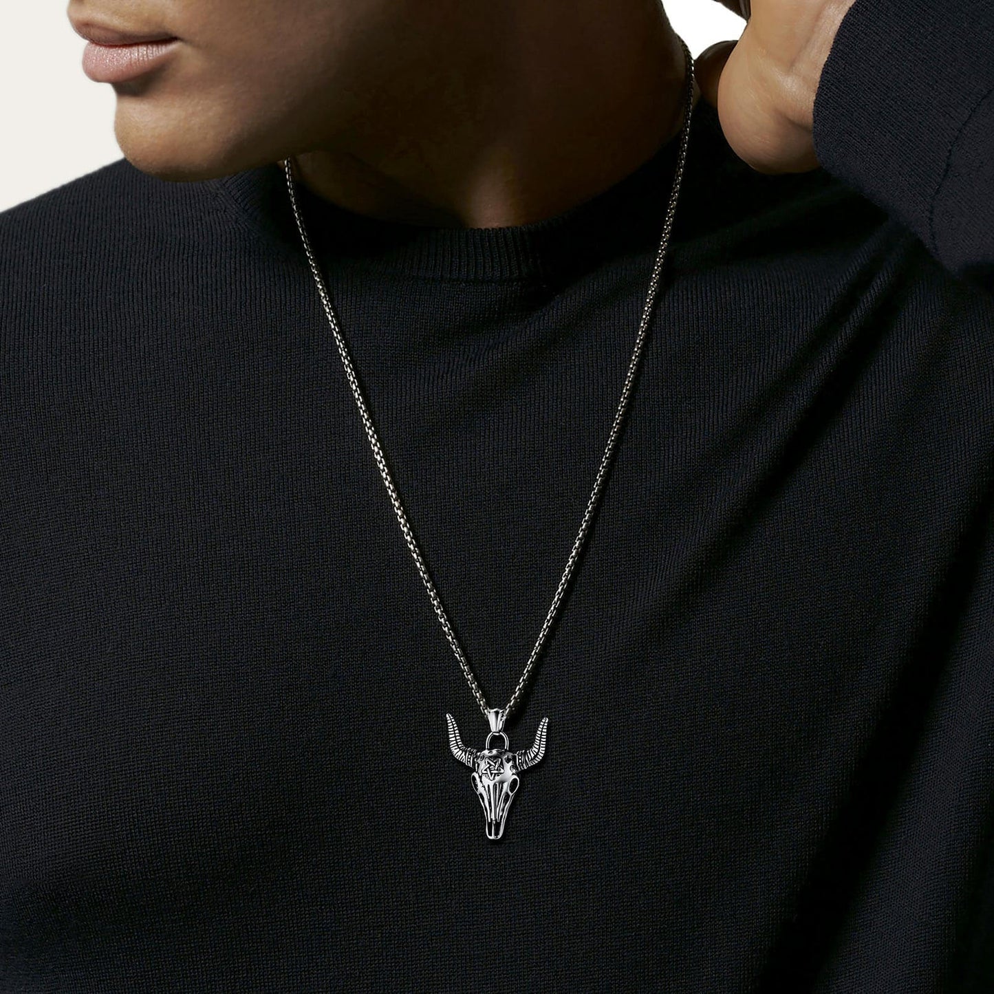 FaithHeart Satanic Bull Skull Necklace with Invert Pentagram for Men FaithHeart